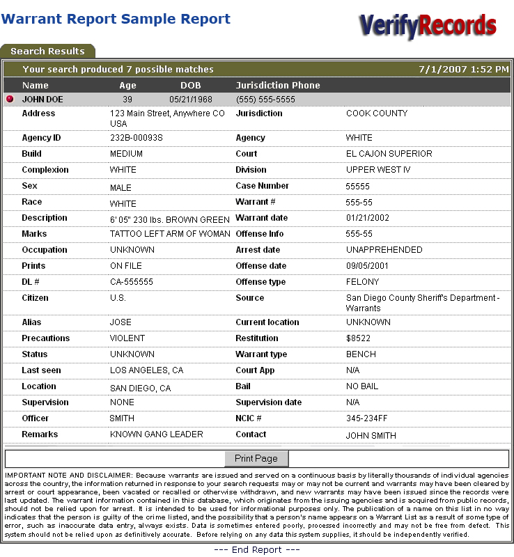Warrant Report